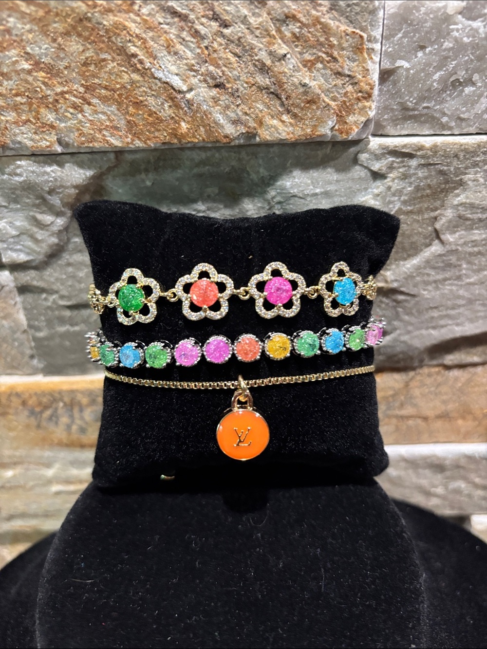 Multicolor Crystal Flower & LV Skittle Charm Bracelet Set